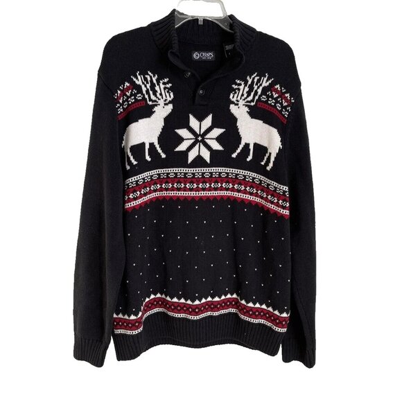 Chaps Men's Black Deer Snowflake Nordic Fair Isle 3 Button Sweater - Picture 1 of 5